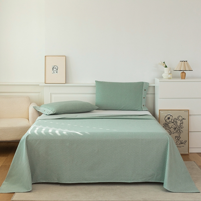 91家纺网 家纺一手货源 找家纺 呦呦南宋 2024新品婴幼儿A类纯棉老粗布立体提花床单三件套重磅精梳棉色织底纹粗布床单纽扣款套件 星空纹-绿