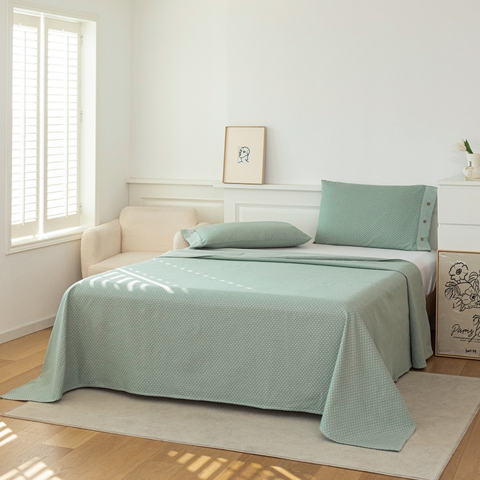 91家纺网 家纺一手货源 找家纺 呦呦南宋 2024新品婴幼儿A类纯棉老粗布立体提花床单三件套重磅精梳棉色织底纹粗布床单纽扣款套件 星空纹-绿