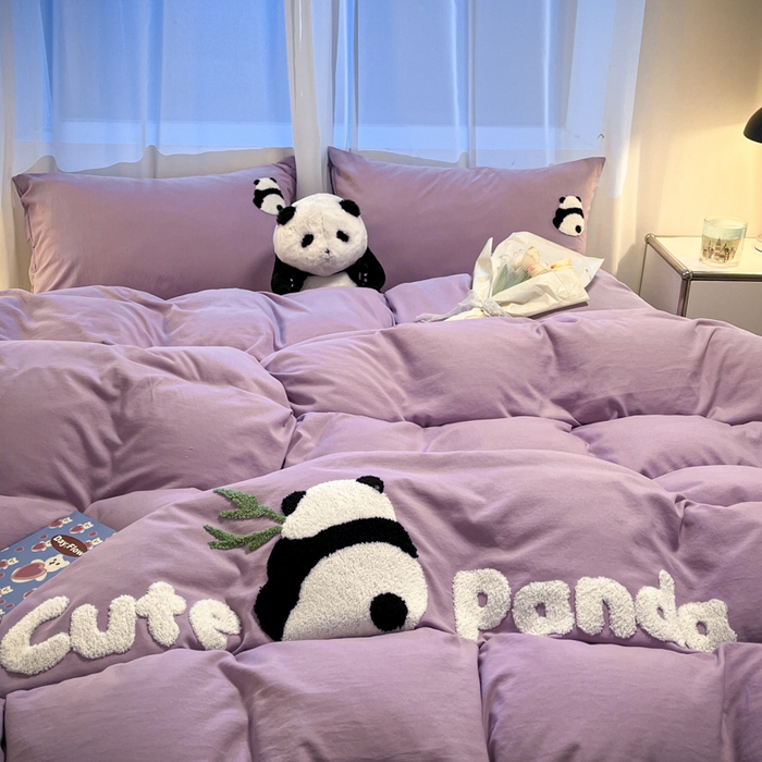 91家纺网 家纺一手货源 找家纺 葡萄家 2024新款超柔水洗棉毛巾绣四件套熊猫香芋紫