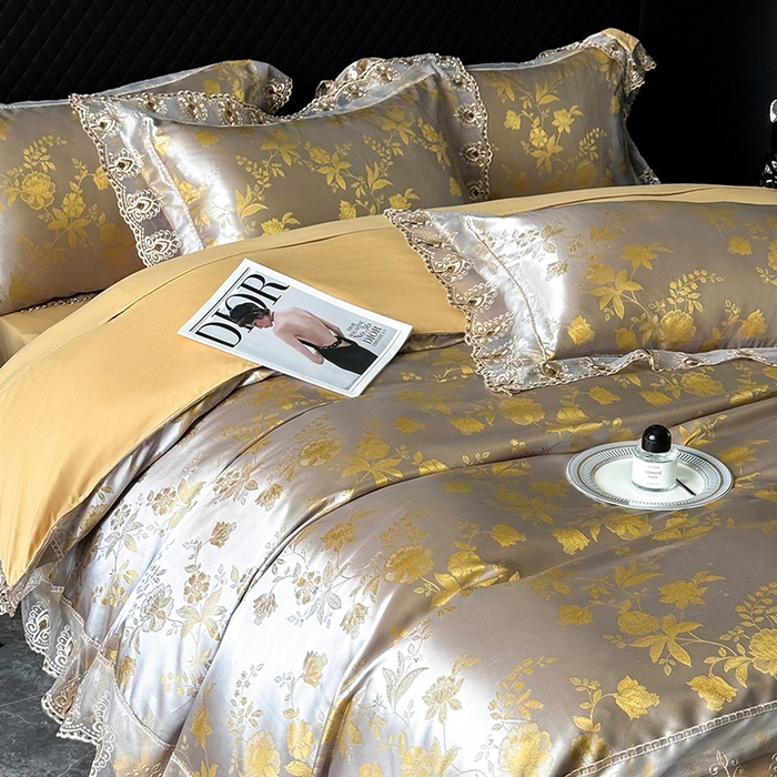 91家纺网 家纺一手货源 找家纺 七夜居 2025新款蕾丝花边欧式贡缎提花四件套礼盒装 花漾-黄