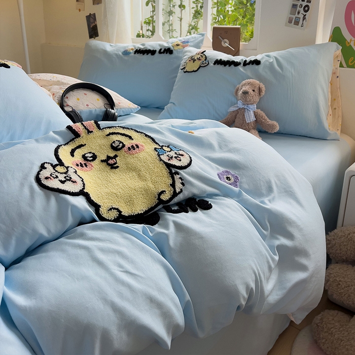 91家纺网 家纺一手货源 找家纺 眠帛家居 2024新款加厚磨毛水洗棉毛巾绣加印大版卡通四件套 卡哇伊