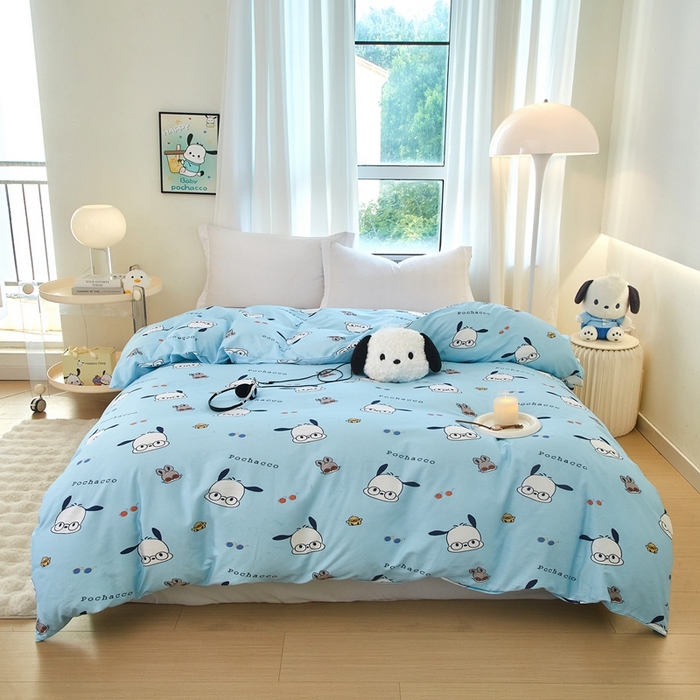 91家纺网 家纺一手货源 找家纺 蘭菲家纺 2024新款全棉小版卡通三丽鸥单被套 眼睛狗.蓝