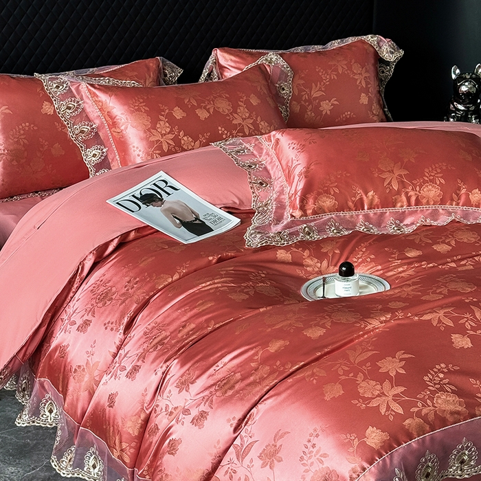 91家纺网 家纺一手货源 找家纺 七夜居 2025新款蕾丝花边欧式贡缎提花四件套礼盒装 花漾-红