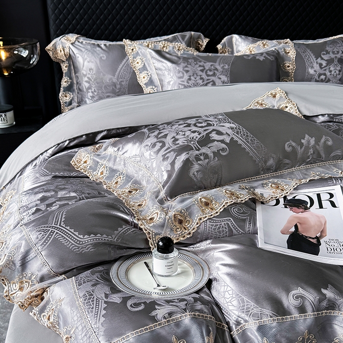 91家纺网 家纺一手货源 找家纺 七夜居 2025新款蕾丝花边欧式贡缎提花四件套礼盒装 本奎