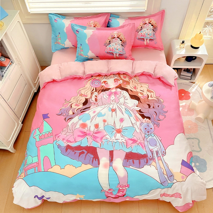 91家纺网 家纺一手货源 找家纺 浩诚 2024新款女孩款全棉大版卡通四件套 甜心宝贝