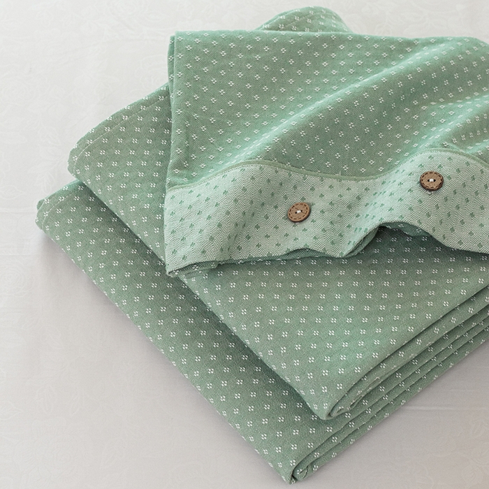 91家纺网 家纺一手货源 找家纺 呦呦南宋 2024新品婴幼儿A类纯棉老粗布立体提花床单三件套重磅精梳棉色织底纹粗布床单纽扣款套件 星空纹-绿