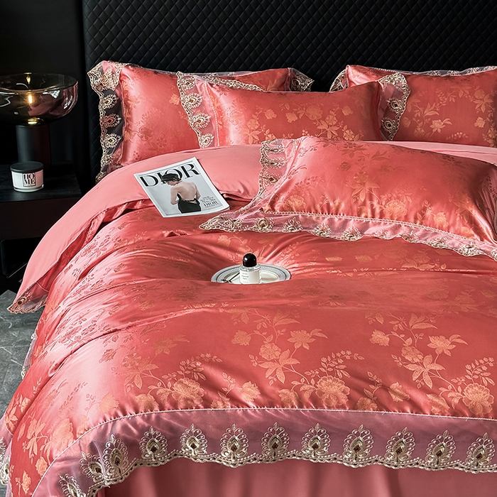 91家纺网 家纺一手货源 找家纺 七夜居 2025新款蕾丝花边欧式贡缎提花四件套礼盒装 花漾-红