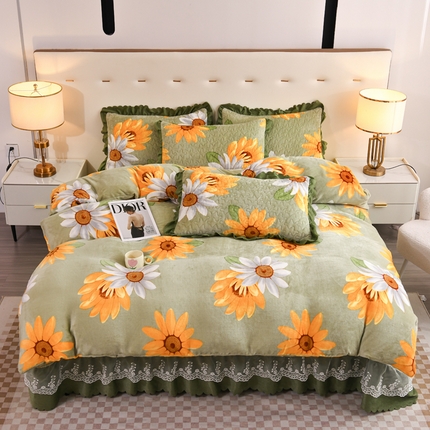 91家纺网 家纺一手货源 找家纺 （总）雅眠居 2025新款直播爆款牛奶绒印花床盖四件套双层蕾丝花边床裙单件三件套