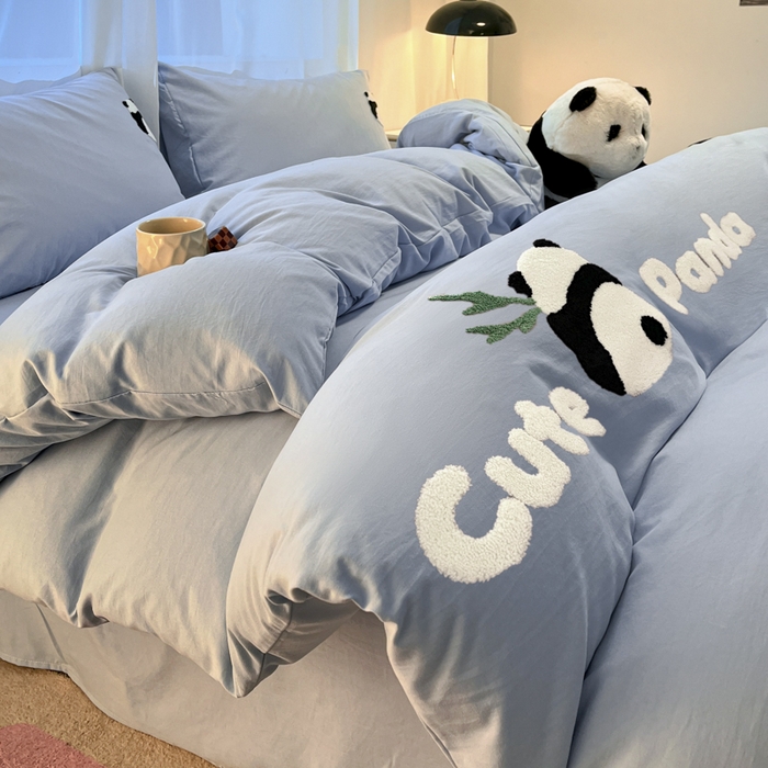 91家纺网 家纺一手货源 找家纺 葡萄家 2024新款超柔水洗棉毛巾绣四件套熊猫天空蓝