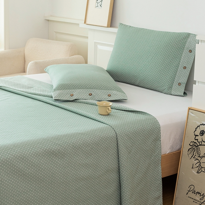 91家纺网 家纺一手货源 找家纺 呦呦南宋 2024新品婴幼儿A类纯棉老粗布立体提花床单三件套重磅精梳棉色织底纹粗布床单纽扣款套件 星空纹-绿