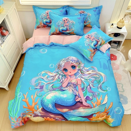 浩诚 2024新款女孩款全棉大版卡通四件套 人鱼公主