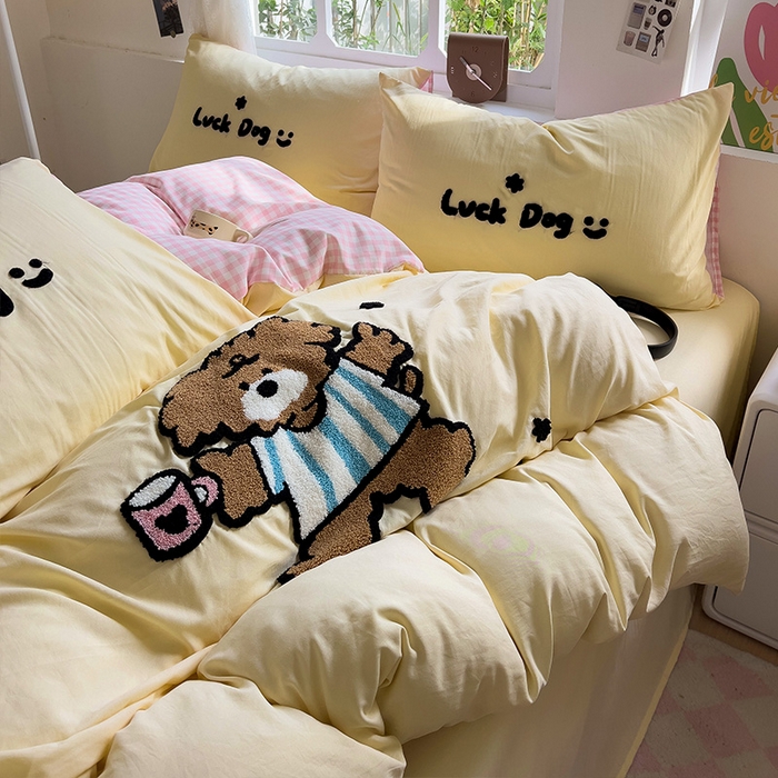 91家纺网 家纺一手货源 找家纺 眠帛家居 2024新款加厚磨毛水洗棉毛巾绣加印大版卡通四件套 可可