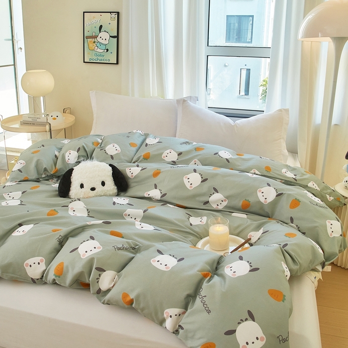 91家纺网 家纺一手货源 找家纺 蘭菲家纺 2024新款全棉小版卡通三丽鸥单被套 小金豆.绿