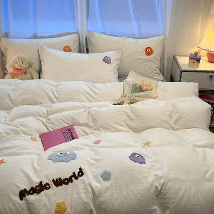 葡萄家 2024新款毛巾绣水洗云朵棉萌系小怪兽四件套（场景二） 小怪兽白蓝