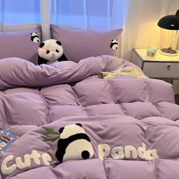 91家纺网 家纺一手货源 找家纺 葡萄家 2024新款超柔水洗棉毛巾绣四件套熊猫香芋紫