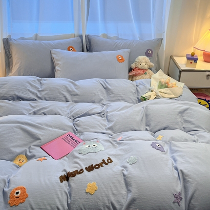 葡萄家 2024新款毛巾绣水洗云朵棉萌系小怪兽四件套（场景二） 小怪兽天空蓝