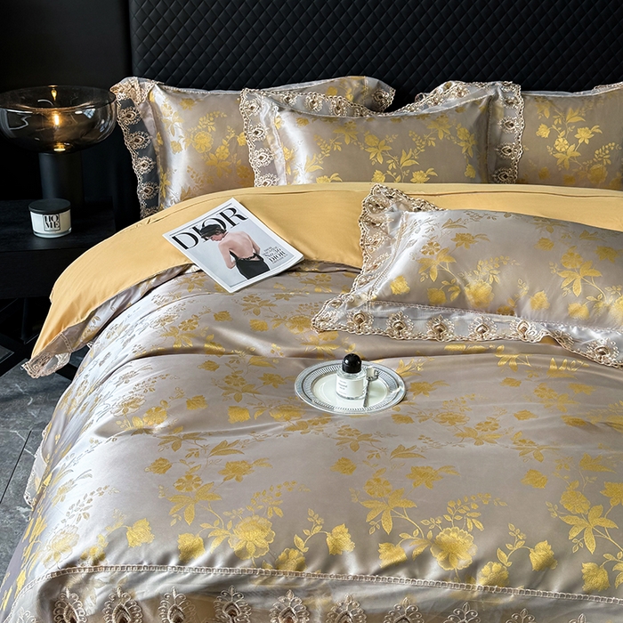 91家纺网 家纺一手货源 找家纺 七夜居 2025新款蕾丝花边欧式贡缎提花四件套礼盒装 花漾-黄