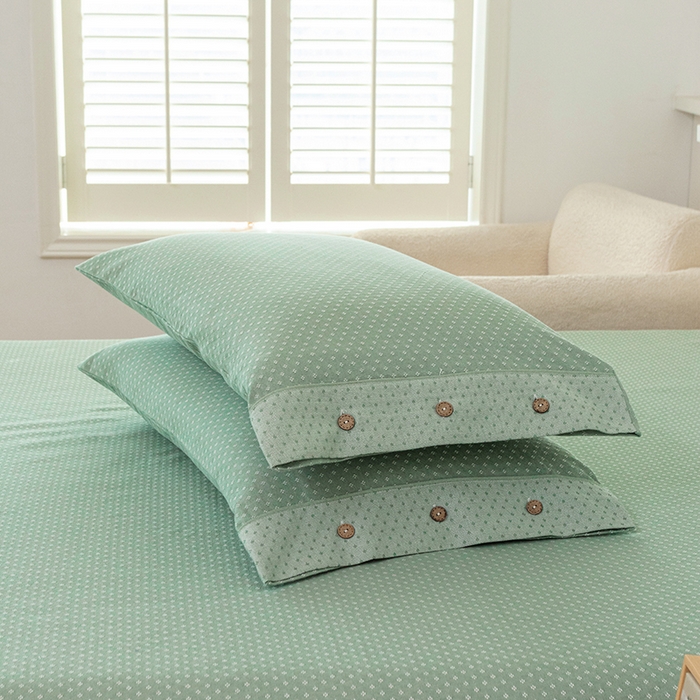 91家纺网 家纺一手货源 找家纺 呦呦南宋 2024新品婴幼儿A类纯棉老粗布立体提花床单三件套重磅精梳棉色织底纹粗布床单纽扣款套件 星空纹-绿