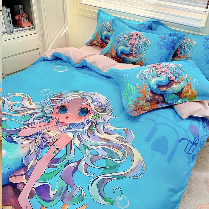 91家纺网 家纺一手货源 找家纺 浩诚 2024新款女孩款全棉大版卡通四件套 人鱼公主