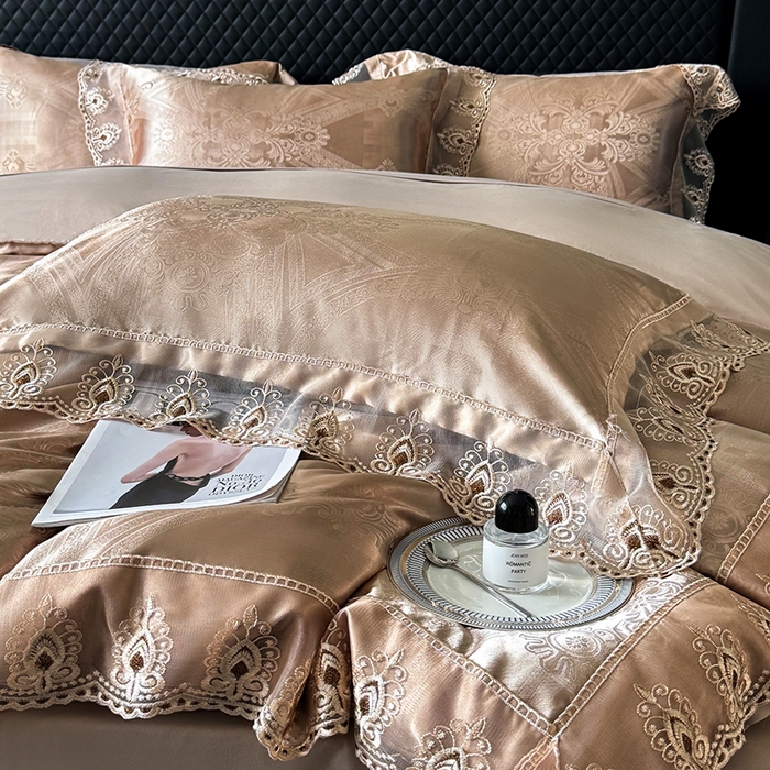 91家纺网 家纺一手货源 找家纺 七夜居 2025新款蕾丝花边欧式贡缎提花四件套礼盒装 梦幻城堡