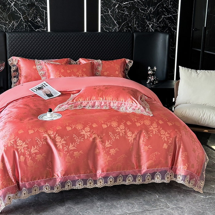 91家纺网 家纺一手货源 找家纺 七夜居 2025新款蕾丝花边欧式贡缎提花四件套礼盒装 花漾-红