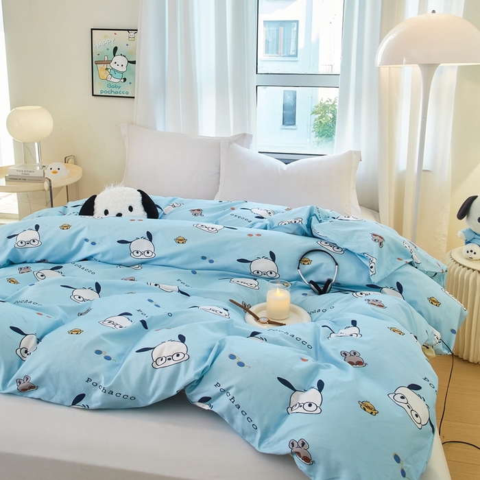 91家纺网 家纺一手货源 找家纺 蘭菲家纺 2024新款全棉小版卡通三丽鸥单被套 眼睛狗.蓝