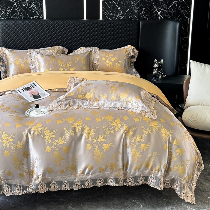 91家纺网 家纺一手货源 找家纺 七夜居 2025新款蕾丝花边欧式贡缎提花四件套礼盒装 花漾-黄