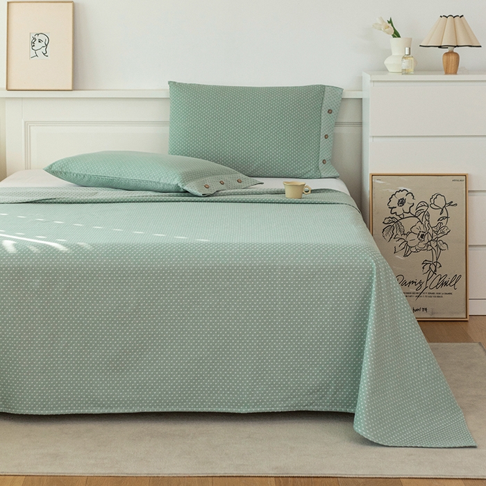 91家纺网 家纺一手货源 找家纺 呦呦南宋 2024新品婴幼儿A类纯棉老粗布立体提花床单三件套重磅精梳棉色织底纹粗布床单纽扣款套件 星空纹-绿