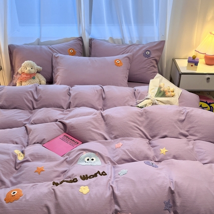 葡萄家 2024新款毛巾绣水洗云朵棉萌系小怪兽四件套（场景二） 小怪兽香芋紫