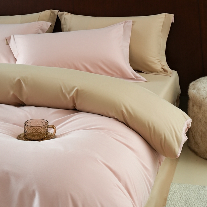 91家纺网 家纺一手货源 找家纺 秀色家纺 50支秋冬加厚保暖床上四件套纯棉全棉轻奢高端床品纯色磨毛三件套 瑞妮-桃红+奶油