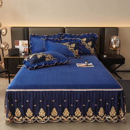 罗艺轩 2024新款高克重水晶绒夹棉床裙三件套-欧典风尚 欧典风尚-宝石蓝