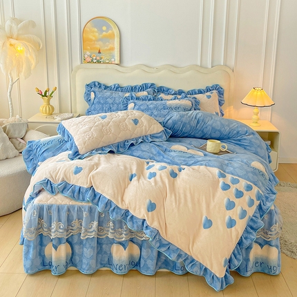 宜凡家纺 2024新款牛奶绒印花夹棉花边床裙四件套 心动时刻 蓝