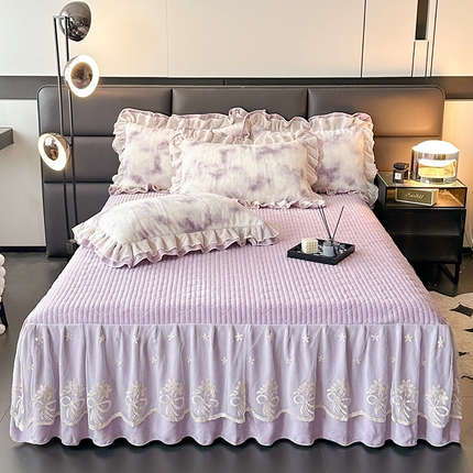 宜凡家纺 2024新款高克重牛奶绒兔绒床裙三件套 云雾深深 紫