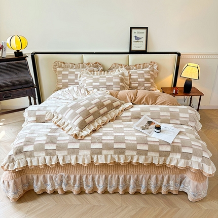 宜凡家纺 2024新款高克重牛奶绒兔绒床盖四件套 都市剪影 咖