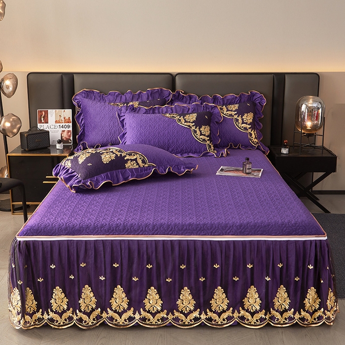 91家纺网 家纺一手货源 找家纺 罗艺轩 2024新款高克重水晶绒夹棉床裙四件套-欧典风尚 欧典风尚-魅力紫