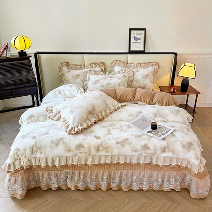 宜凡家纺 2024新款高克重牛奶绒兔绒床盖四件套 云雾深深 咖