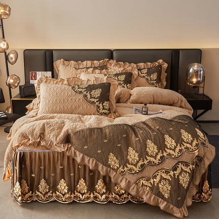 罗艺轩 2024新款高克重水晶绒夹棉床裙四件套-欧典风尚 欧典风尚-香槟色