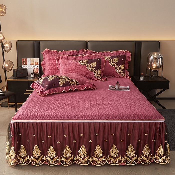 91家纺网 家纺一手货源 找家纺 罗艺轩 2024新款高克重水晶绒夹棉床裙四件套-欧典风尚 欧典风尚-深豆沙