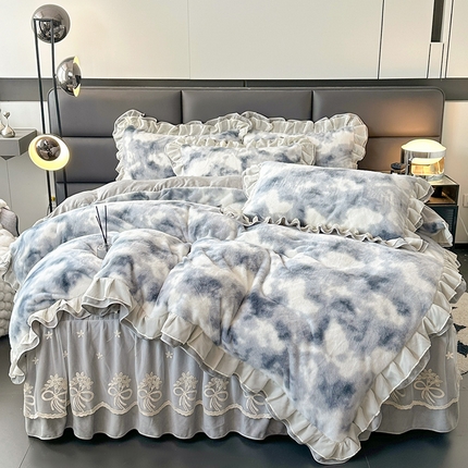 宜凡家纺 2024新款高克重牛奶绒兔绒床裙四件套 云雾深深 灰