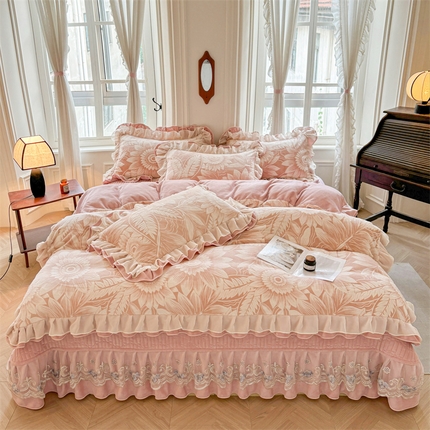 宜凡家纺 2024新款牛奶绒雕花绒床盖四件套 海棠花开