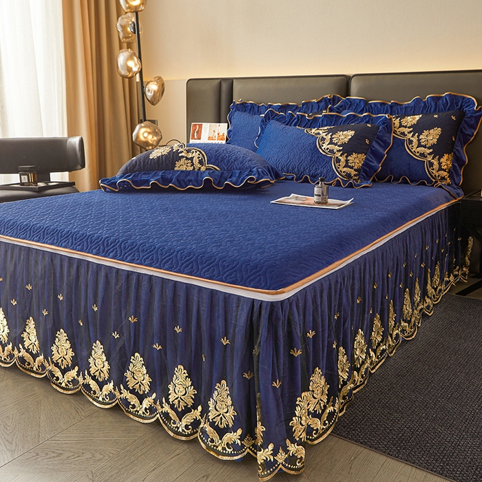 91家纺网 家纺一手货源 找家纺 罗艺轩 2024新款高克重水晶绒夹棉床裙三件套-欧典风尚 欧典风尚-宝石蓝