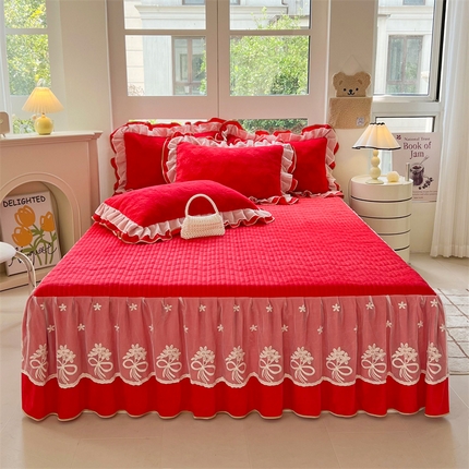 宜凡家纺 2024新款A类牛奶绒剪花绒床裙三件套 点点心动-中国红