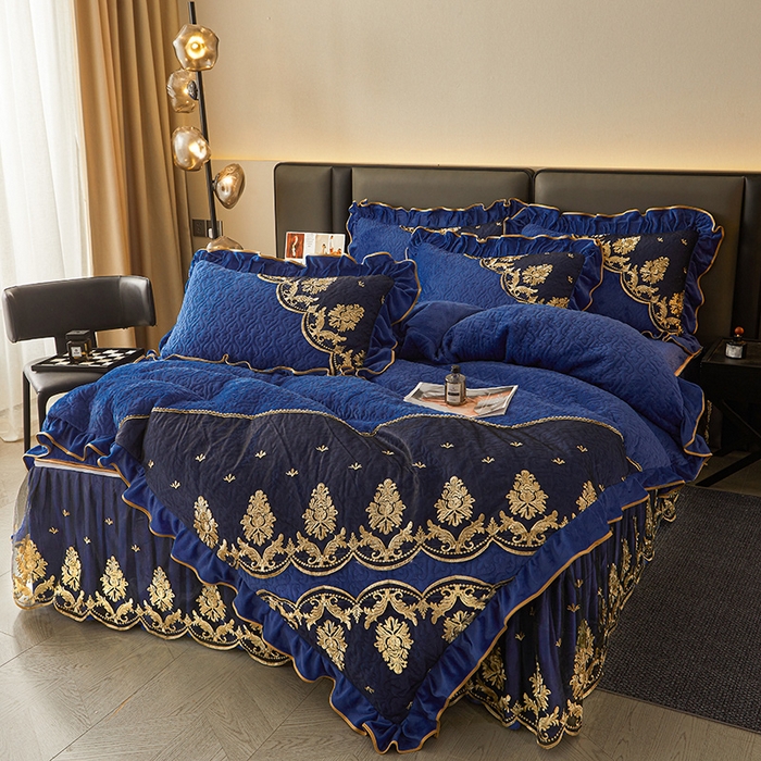 91家纺网 家纺一手货源 找家纺 罗艺轩 2024新款高克重水晶绒夹棉床裙四件套-欧典风尚 欧典风尚-宝石蓝