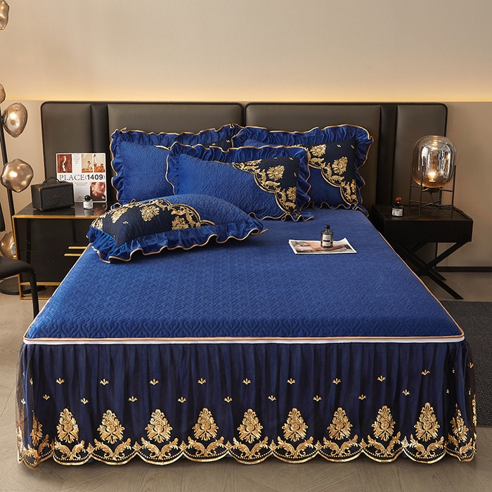 91家纺网 家纺一手货源 找家纺 罗艺轩 2024新款高克重水晶绒夹棉床裙四件套-欧典风尚 欧典风尚-宝石蓝