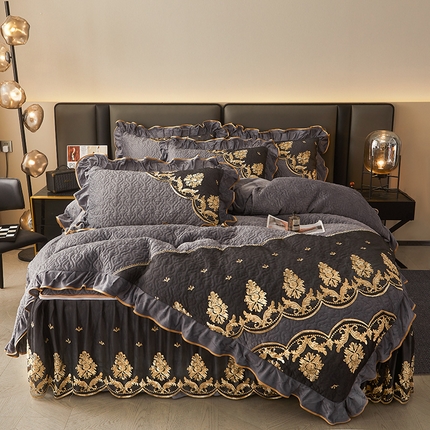 91家纺网 家纺一手货源 找家纺 罗艺轩 2024新款高克重水晶绒夹棉床裙四件套-欧典风尚 欧典风尚-高级灰