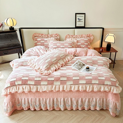 宜凡家纺 2024新款高克重牛奶绒兔绒床盖四件套 都市剪影 粉