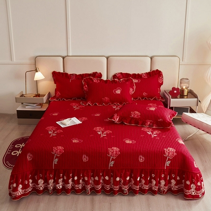 宜凡家纺 2024新款A类全棉大红印花床盖三件套 米兰玫瑰