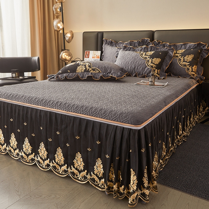 91家纺网 家纺一手货源 找家纺 罗艺轩 2024新款高克重水晶绒夹棉床裙三件套-欧典风尚 欧典风尚-高级灰