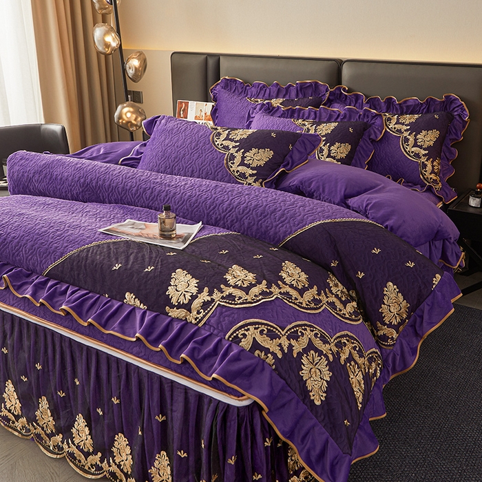 91家纺网 家纺一手货源 找家纺 罗艺轩 2024新款高克重水晶绒夹棉床裙四件套-欧典风尚 欧典风尚-魅力紫