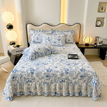 91家纺网 家纺一手货源 找家纺 （总）宜凡家纺 2024新款牛奶绒印花夹棉花边床盖三件套